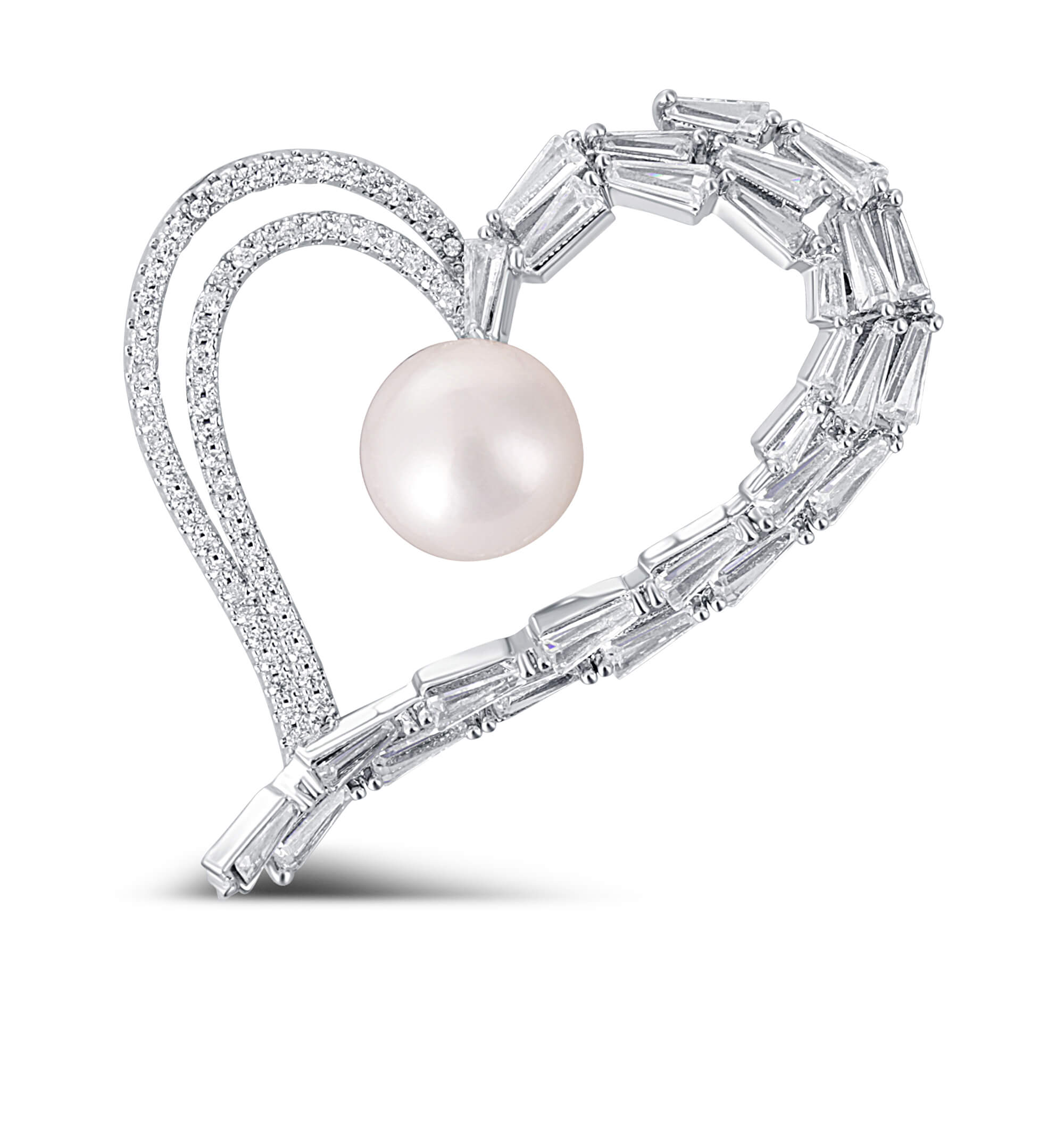 Levně JwL Luxury Pearls Třpytivá brož asymetrické srdce s pravou perlou a krystaly JL0696