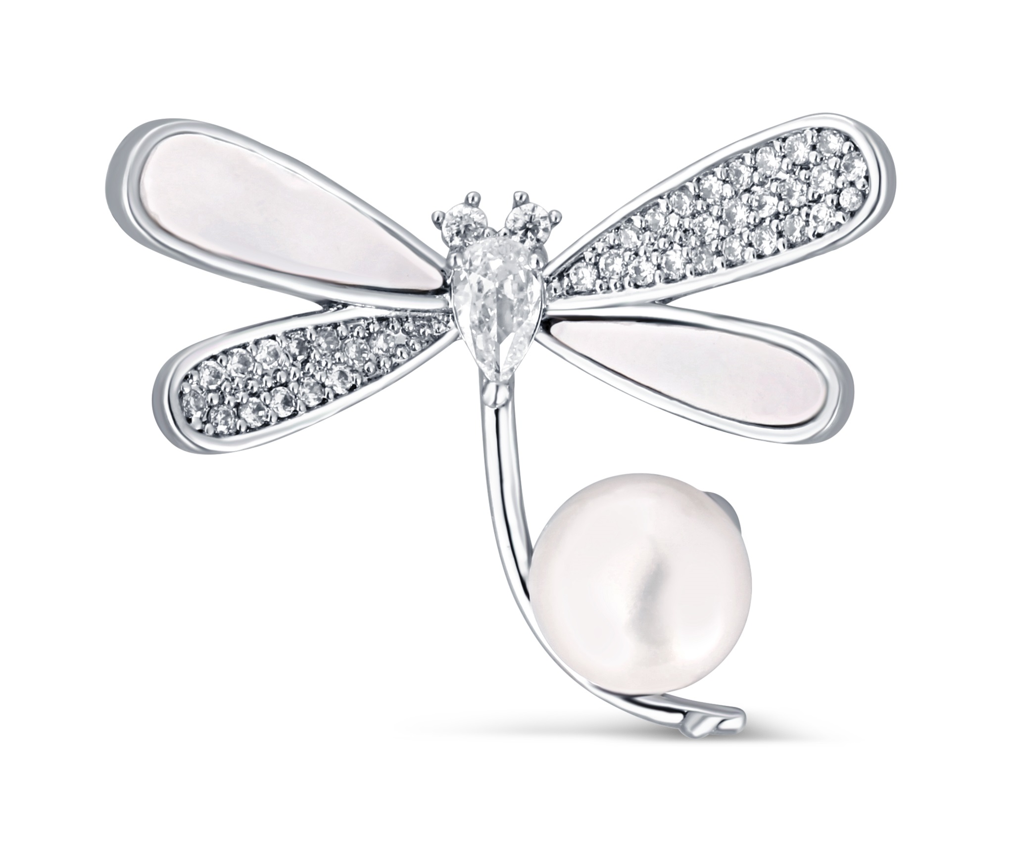 Levně JwL Luxury Pearls Třpytivá brož vážka s pravou perlou a krystaly JL0763