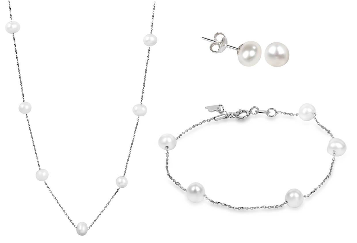 JwL Luxury Pearls Zvýhodněná perlová souprava šperků JL0355, JL0353 a JL0026 (náhrdelník, náramek, náušnice)