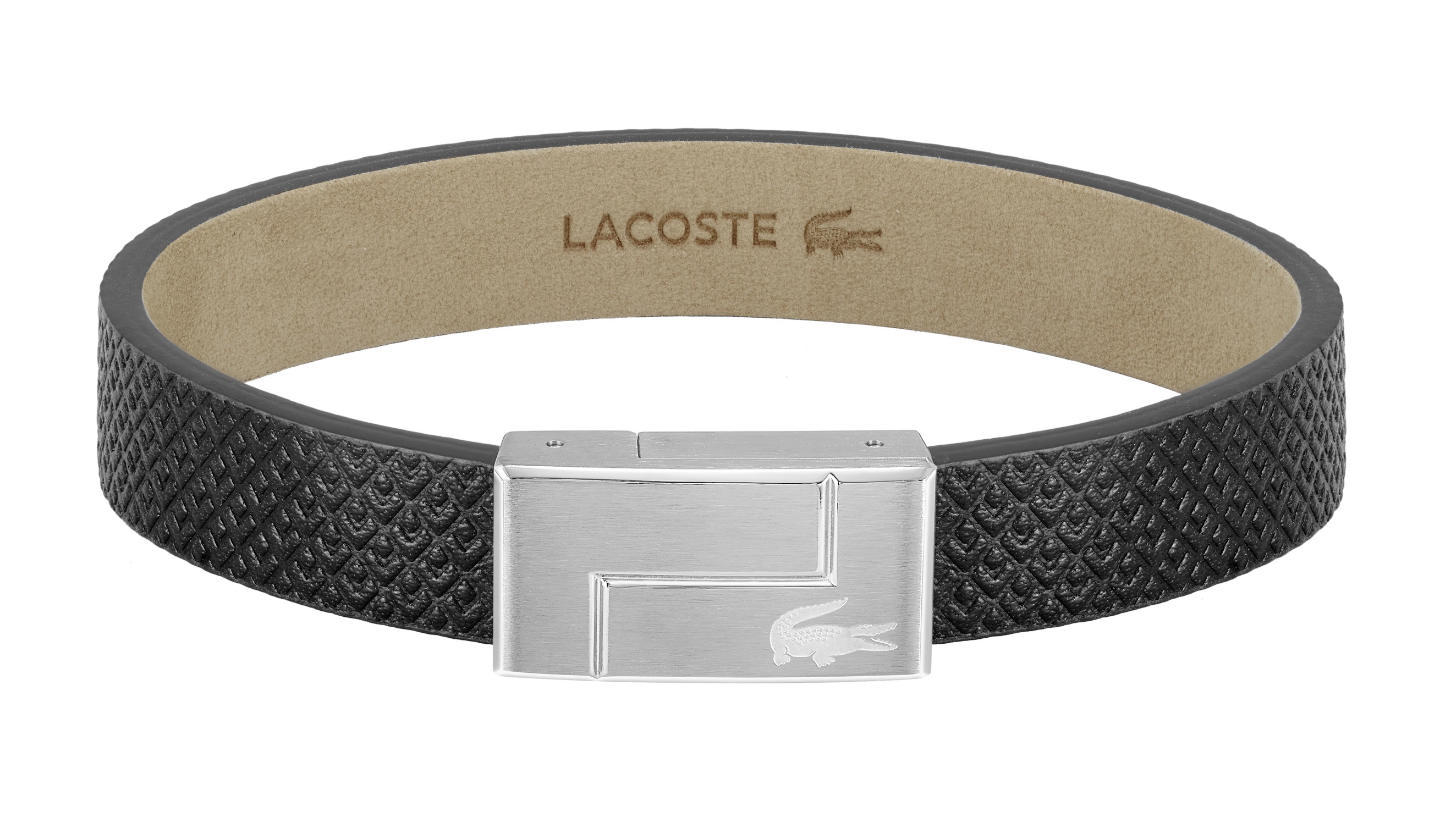 Levně Lacoste Černý kožený náramek Monogram Leather 2040185 17,5 cm