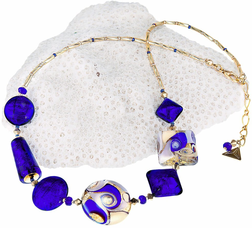 Lampglas Fascinující náhrdelník Gold Blue s 24karátovým zlatem a ryzím stříbrem v perlách Lampglas N