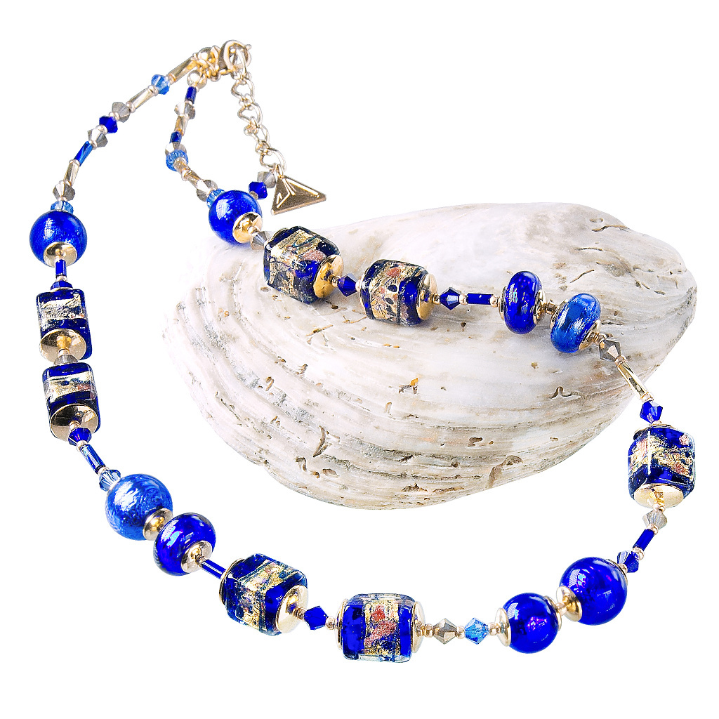Lampglas Překrásný náhrdelník Blue Passion s 24karátovým zlatem v perlách Lampglas NCU38