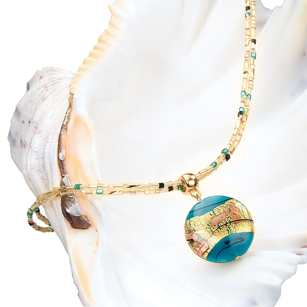 Lampglas Titokzatos női nyaklánc Tyrquoise Gold Lampglas gyönggyel és 24 karátos arannyal NP24