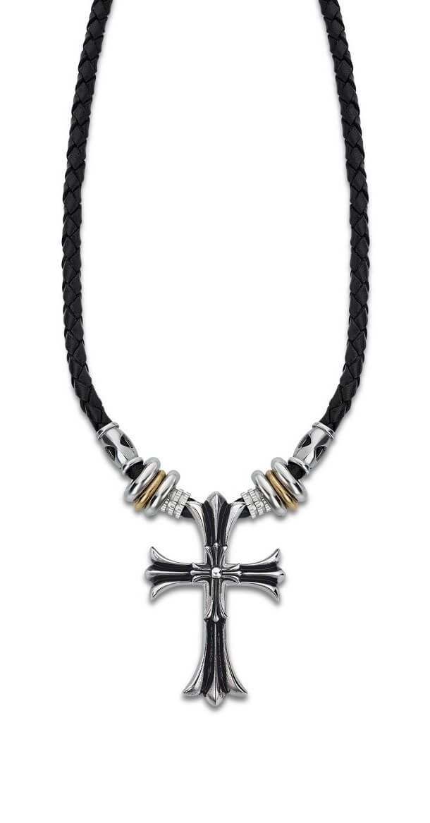 Lotus Style Pánský kožený náhrdelník s křížkem Dark Style LS2074-1/2