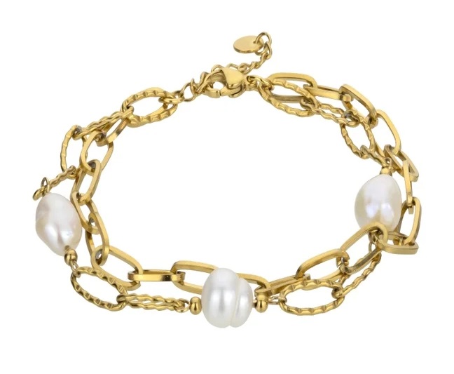 Marc Malone Pozlacený dvojitý náramek s perlami Dakota White Bracelet MCB23044G