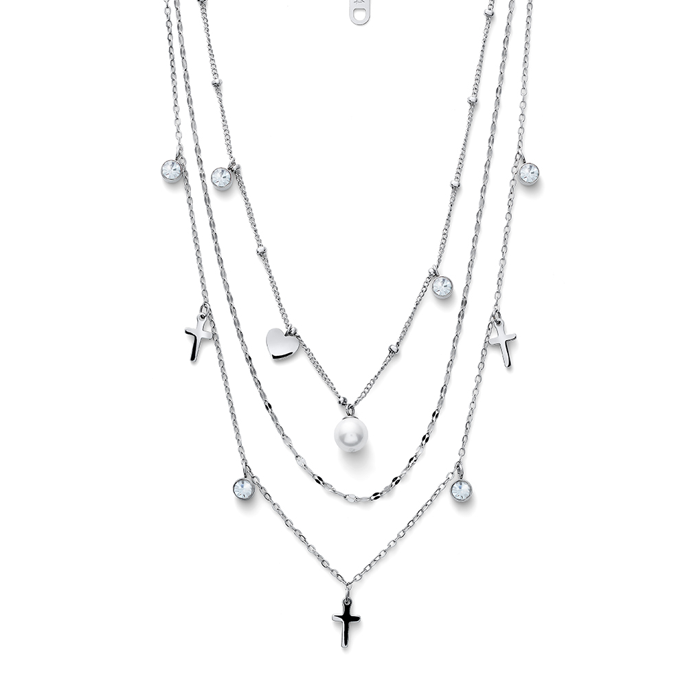 Levně Oliver Weber Trojitý ocelový náhrdelník s perličkami Prayer 12261