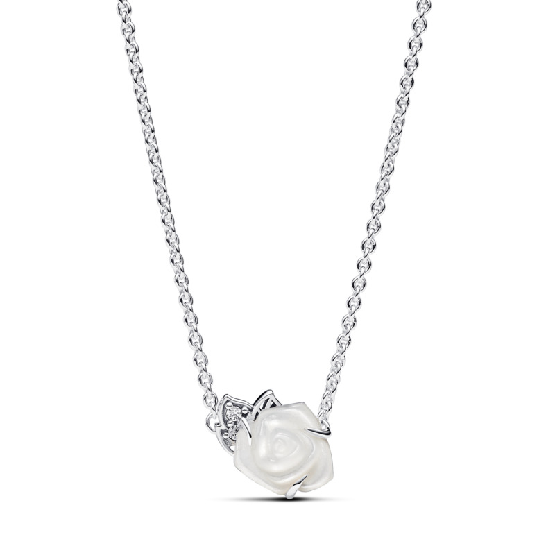 Pandora Strieborný náhrdelník Rozkvitnutá biela ruža 393206C01-45