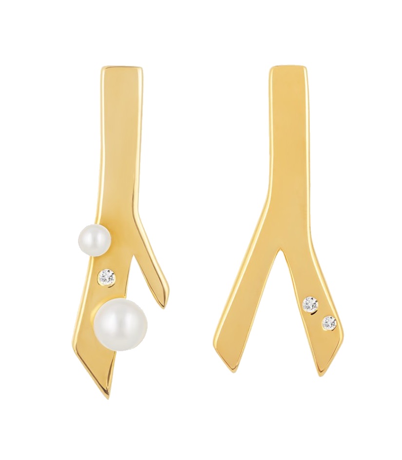 Preciosa Pozlátené asymetrické náušnice Twig s riečnou perlou a kubickou zirkóniou Preciosa 5389Y01