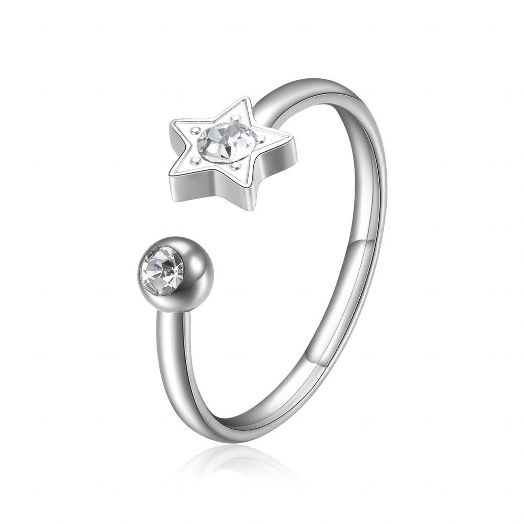 S`Agapõ Blýštivý ocelový prsten Hvězda s krystalem Click SCK89
