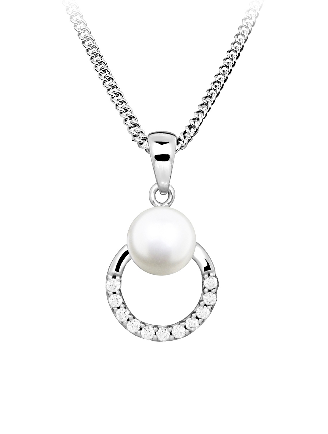 Silver Cat Stříbrný náhrdelník s pravou perlou a zirkony Pearls SC601 (řetízek, přívěsek)