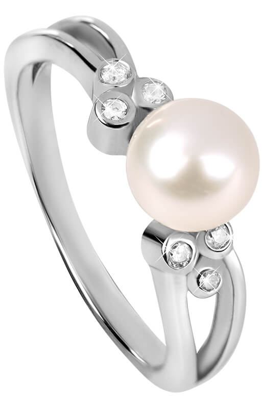Silver Cat -  Stříbrný prsten se zirkony a perličkou SC312 52 mm