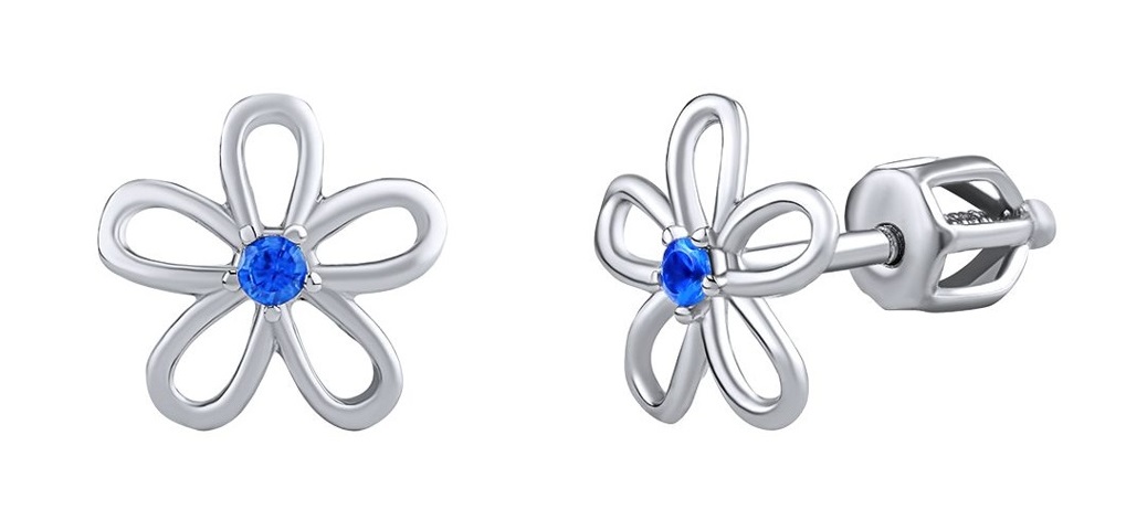 Silvego -  Stříbrné náušnice - květ s modrým zirkonem na šroubek SILVEGOB31857SBDB