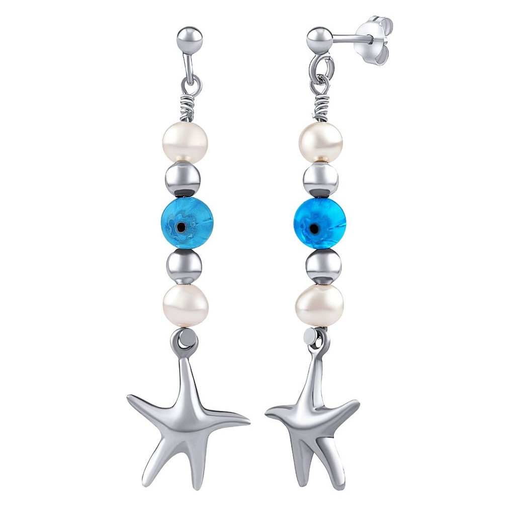 Silvego Strieborné náušnice Triton s pravými perlami, hviezdami a korálkami PRM20261EPW