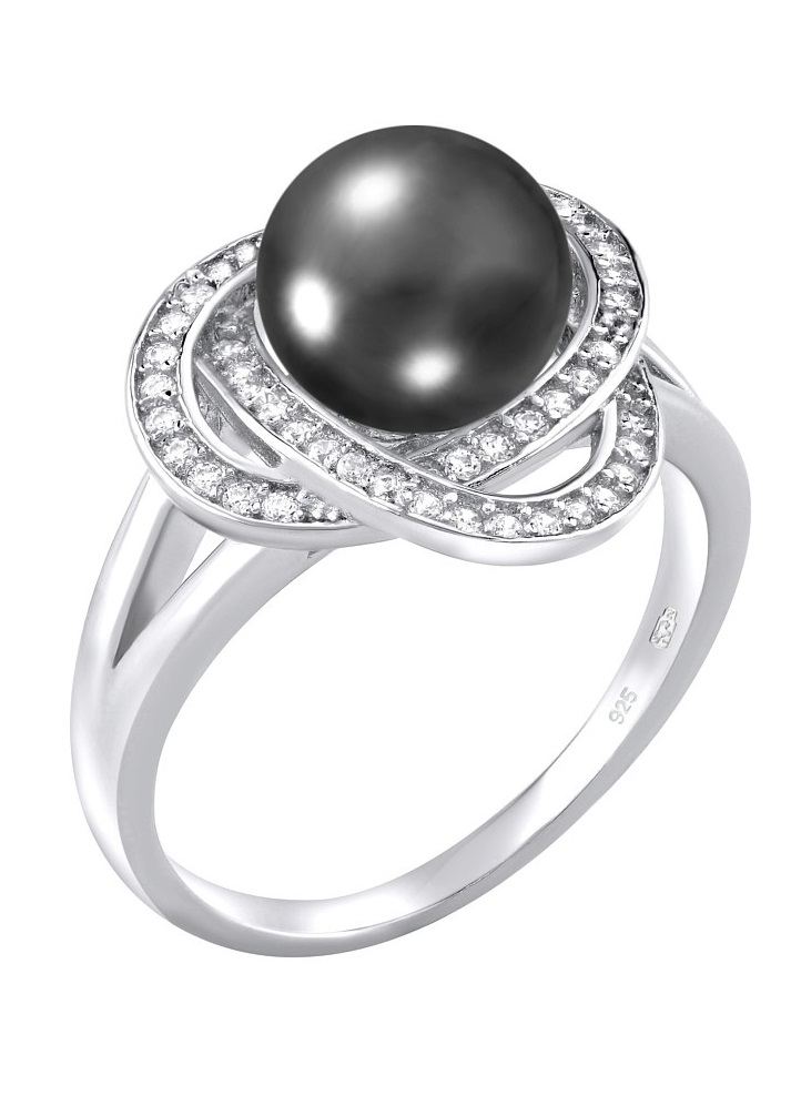 Silvego Stříbrný prsten Laguna s pravou přírodní černou perlou LPS0044B 59 mm