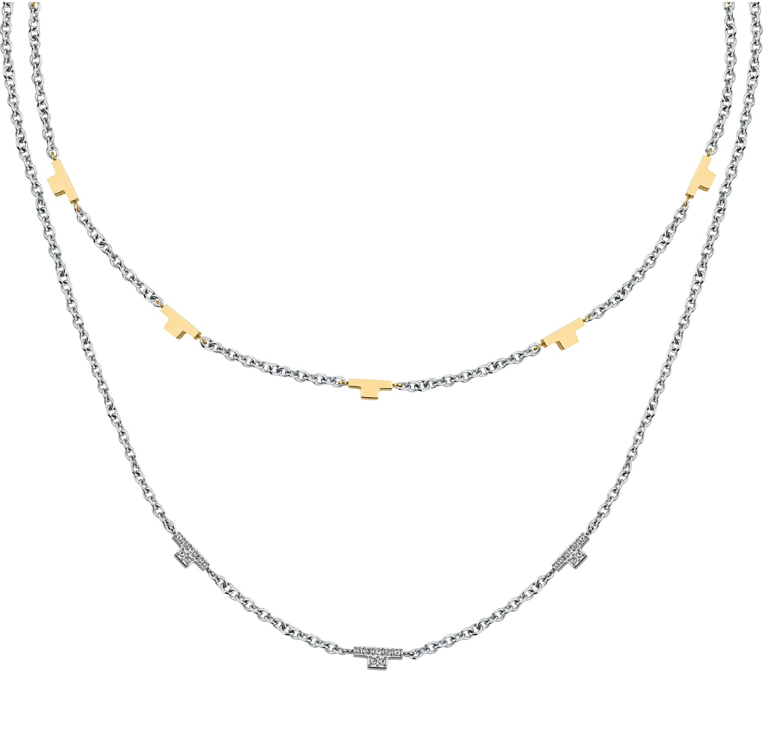 Trussardi Dvojitý oceľový bicolor náhrdelník so zirkónmi T-Logo TJAXC62