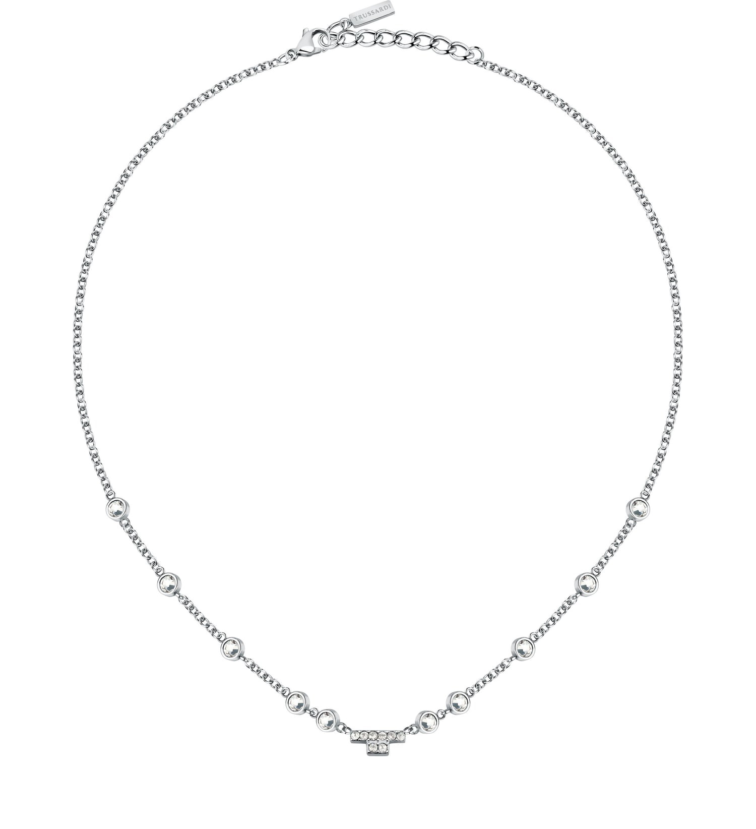 Trussardi Slušivý oceľový náhrdelník s kryštálmi T-Logo TJAXC04