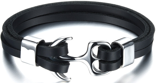 Troli Bracciale in pelle nera con ancora in acciaio Leather