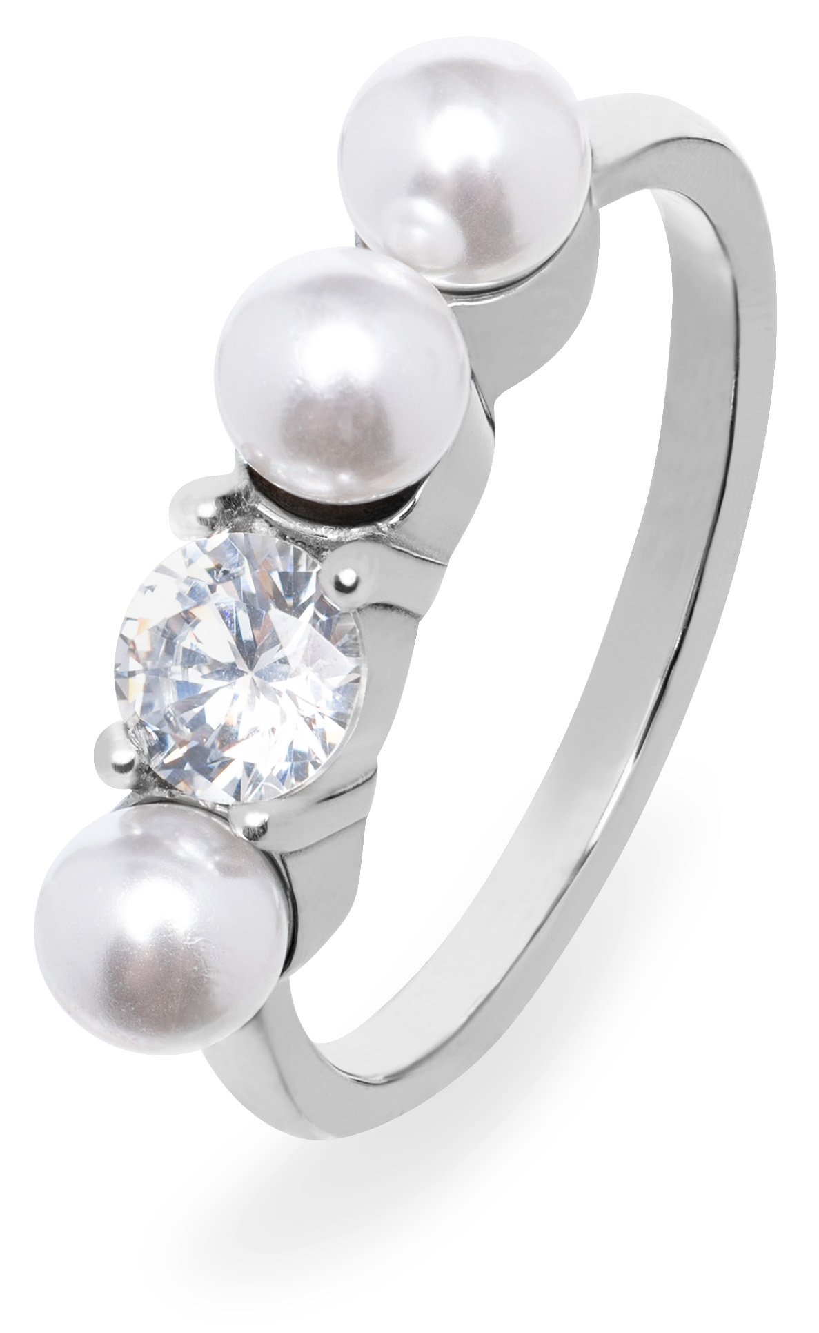 Troli Elegantní ocelový prsten se zirkonem a perlami VEDR0341S 54 mm