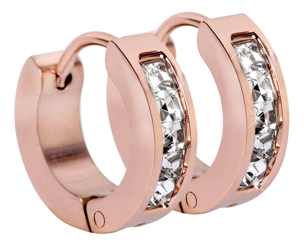 Troli Růžově pozlacené ocelové náušnice kroužky s krystaly