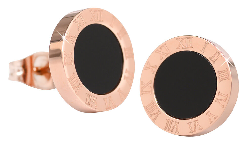 Troli Růžově pozlacené ocelové náušnice s černým středem KE-015