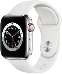 Apple Watch Series 6 GPS + Cellular, 40mm Silver Stainless Steel Case with White Sport Band - Regular