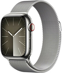 Apple Watch Series 9 Cellular 45 mm Silberner Stahl mit silbernem Milanaise Armband