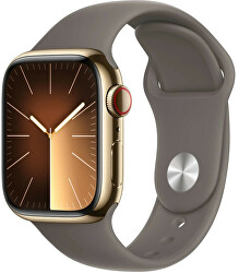 Apple Watch Series 9 Cellular 41mm Zlatá ocel s jílově šedým sportovním řemínkem - M/L
