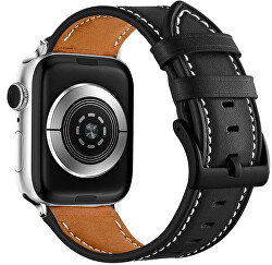 Kožený řemínek s bílým prošíváním pro Apple Watch - Black 42/44/45/49 mm