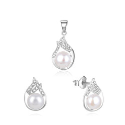 Elegantná strieborná súprava šperkov s pravými perlami AGSET220PL (prívesok, náušnice)
