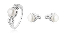 Set di gioielli con perle e zirconi (orecchini, anello circonferenza 50 mm)