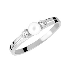 Něžný prsten z bílého zlata s krystaly a pravou perlou 225 001 00241 07