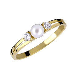 Něžný prsten ze žlutého zlata s krystaly a pravou perlou 225 001 00241 00