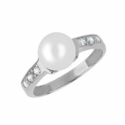 Půvabný prsten z bílého zlata s krystaly a pravou perlou 225 001 00237 07