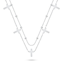Dvojitý strieborný náhrdelník s krížikmi NCL157W