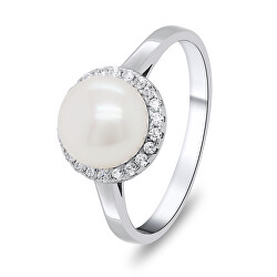 Elegantní stříbrný prsten s perlou a zirkony RI034W