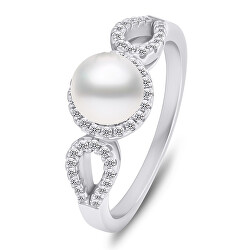 Elegantný strieborný prsteň s perlou a zirkónmi RI068W