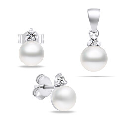 Set elegante di gioielli in argento con perle SET227W (orecchini, ciondolo)