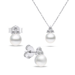 Set atemporal de bijuterii cu perle autentice de apă dulce SET228W (cercei, colier)