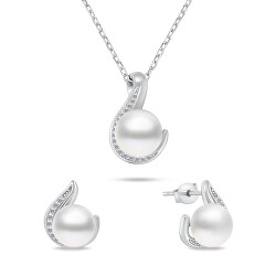 Set de bijuterii cu perle autentice atemporale SET240W (cercei, colier)