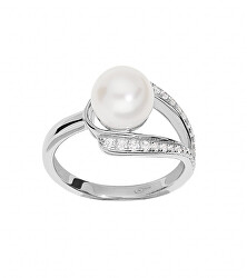 Nadčasový stříbrný prsten s pravou perlou a zirkony ML05699A
