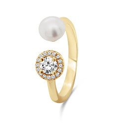 Nádherný pozlátený prsteň s pravou perlou a zirkónmi RI062Y