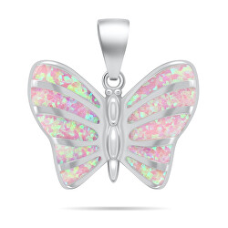Něžný stříbrný přívěsek Motýl s růžovým opálem PT136WP