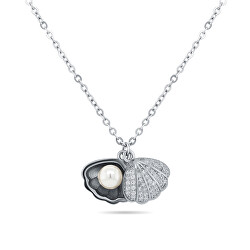 Originálne strieborný náhrdelník s perlou Lastúra NCL21W (retiazka, 2x prívesok)