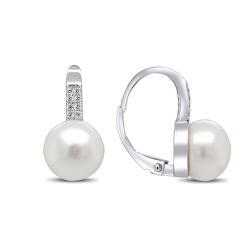 Pôvabné strieborné náušnice s perlou a zirkónmi EA94