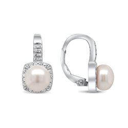 Pôvabné strieborné náušnice s perlou a zirkónmi EA96