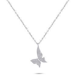Půvabný stříbrný náhrdelník s třpytivým motýlkem NCL48W