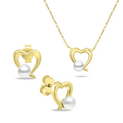 Set romantic de bijuterii placate cu aur, cu perle SET234Y (cercei, colier)
