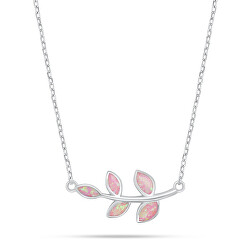 Slušivý stříbrný náhrdelník lístky s růžovým opálem NCL165WP