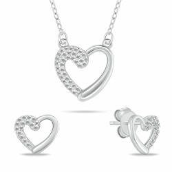 Splendido set di gioielli in argento Cuori con zirconi SET259W (collana, orecchini)