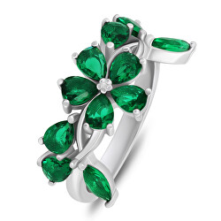 Výrazný stříbrný prsten se zelenými zirkony RI066WG